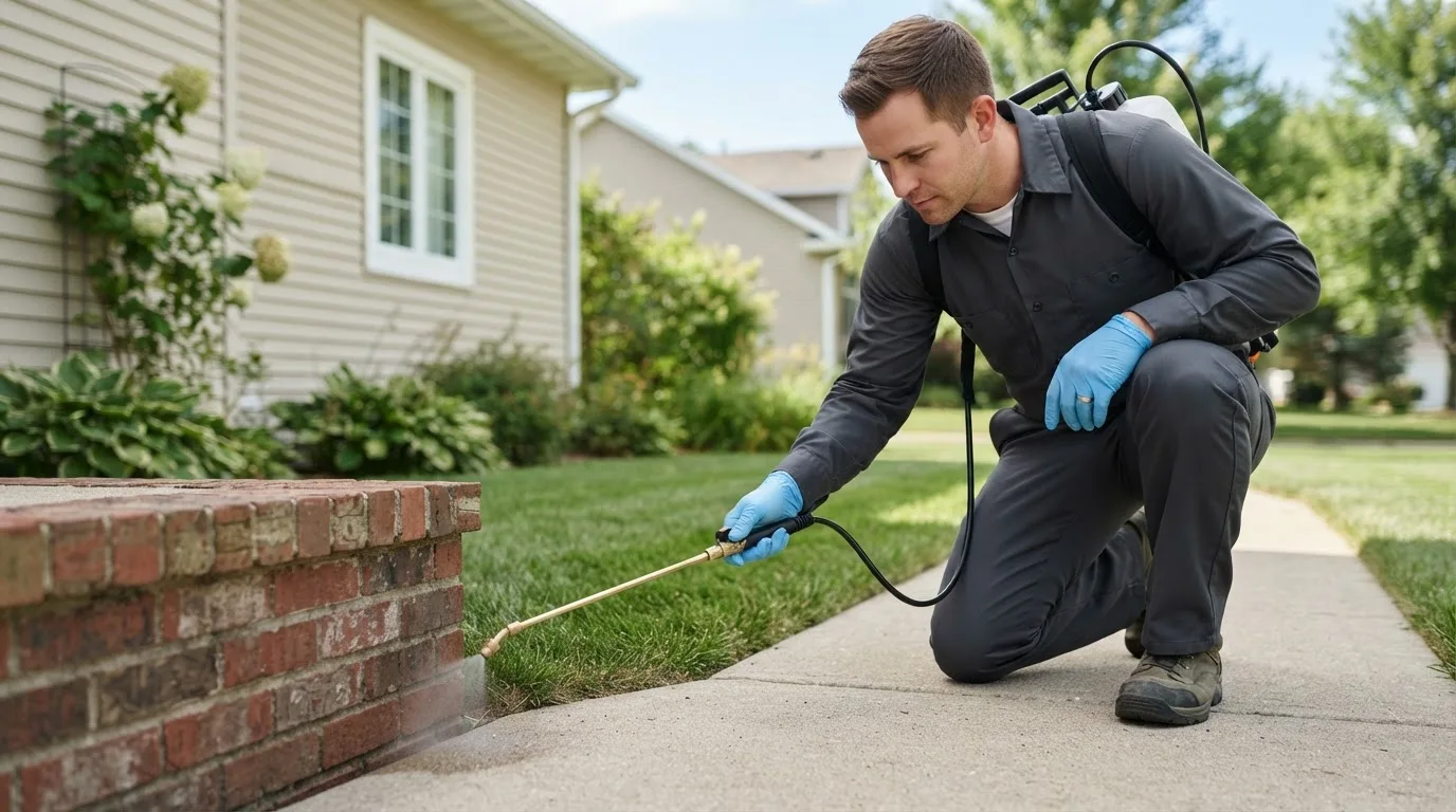 Pest control technician treating a home near Olney, MD